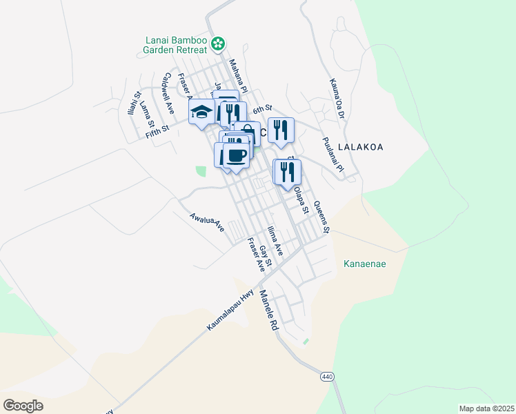 map of restaurants, bars, coffee shops, grocery stores, and more near 1037 Ilima Avenue in Lanai City