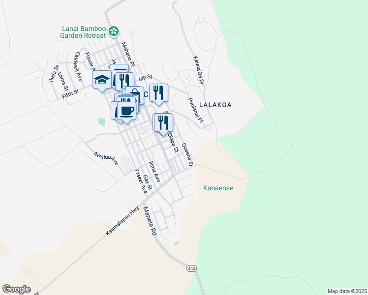 map of restaurants, bars, coffee shops, grocery stores, and more near 1202 Palawai Street in Lanai City