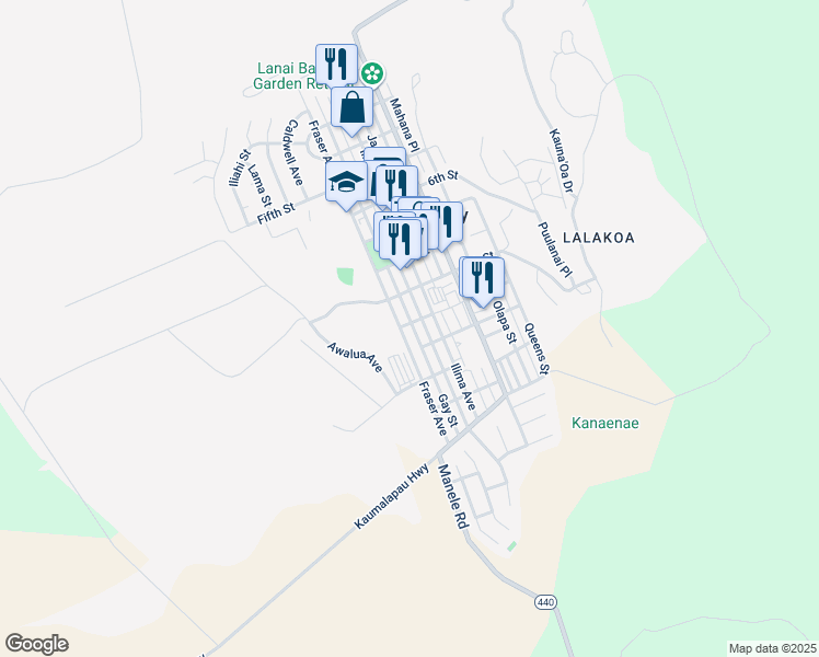 map of restaurants, bars, coffee shops, grocery stores, and more near 1040 Fraser Avenue in Lanai City