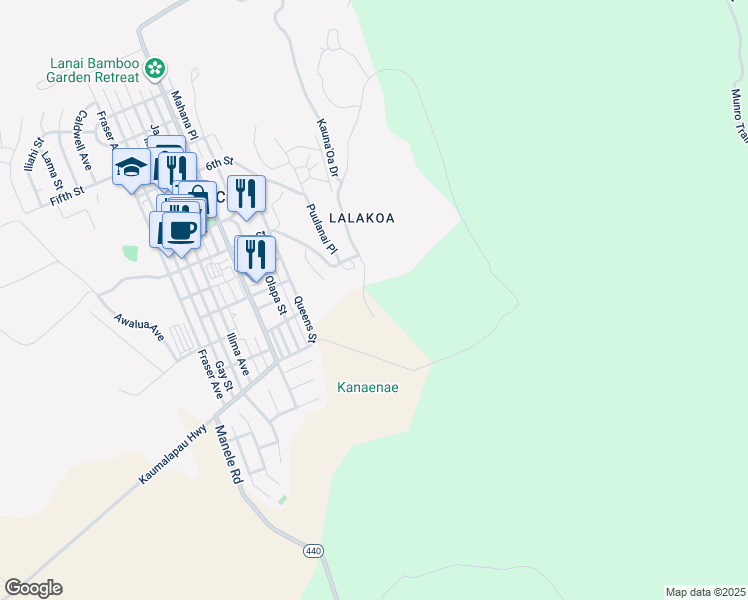 map of restaurants, bars, coffee shops, grocery stores, and more near 180 Kauna'Oa Drive in Lanai City