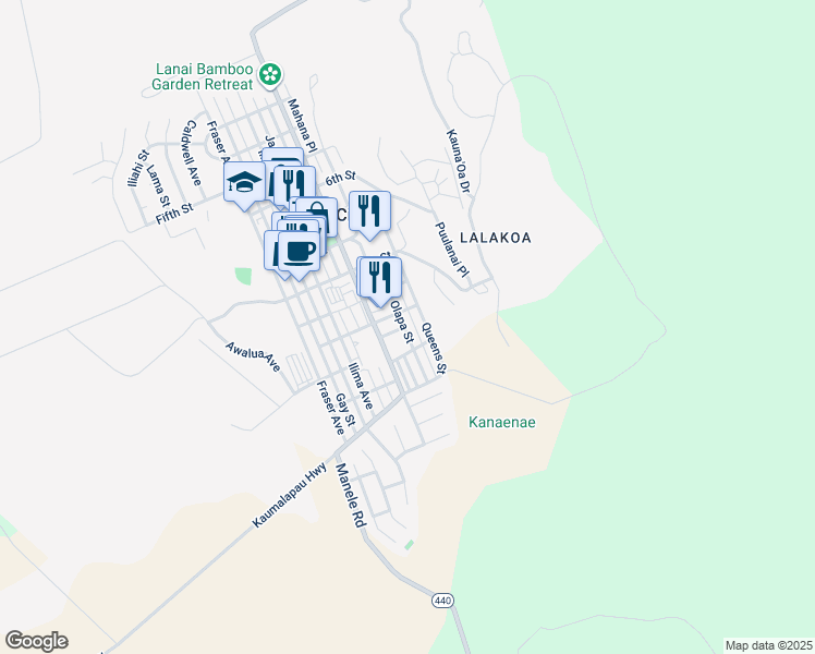 map of restaurants, bars, coffee shops, grocery stores, and more near 1132 Olapa Street in Lanai City