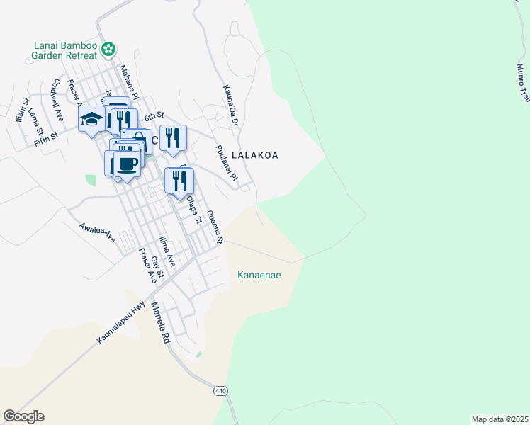 map of restaurants, bars, coffee shops, grocery stores, and more near 180 Kauna'Oa Drive in Lanai City