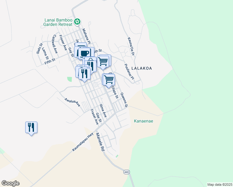 map of restaurants, bars, coffee shops, grocery stores, and more near 1132 Olapa Street in Lanai City