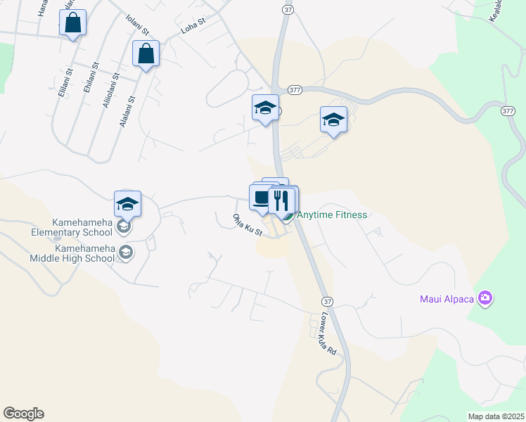 map of restaurants, bars, coffee shops, grocery stores, and more near Kupaoa Street in Pukalani