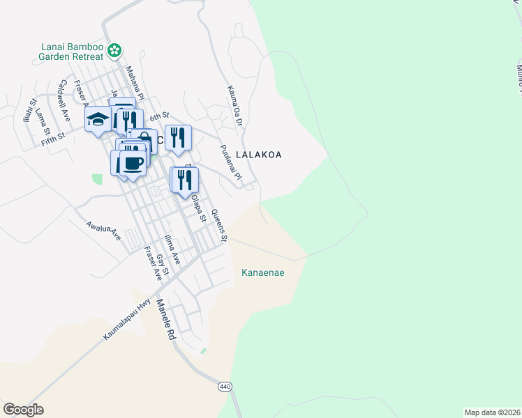 map of restaurants, bars, coffee shops, grocery stores, and more near 156 Kauna'Oa Drive in Lanai City