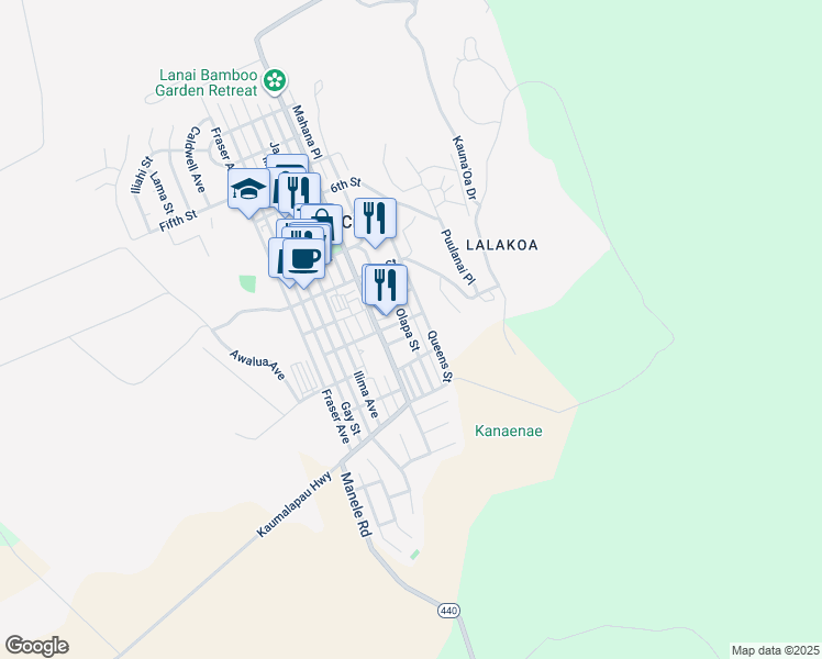 map of restaurants, bars, coffee shops, grocery stores, and more near 1122 Olapa Street in Lanai City