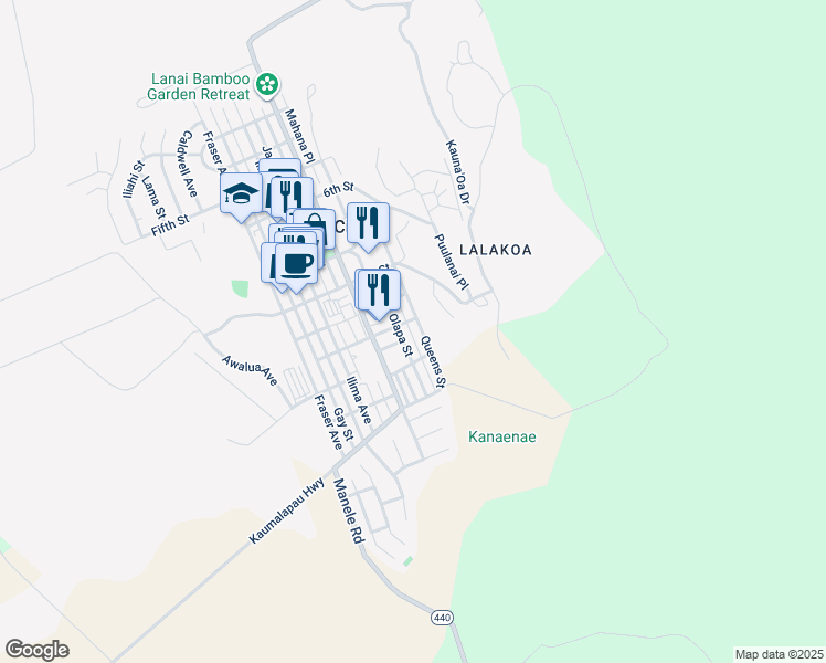 map of restaurants, bars, coffee shops, grocery stores, and more near 1120 Palawai Street in Lanai City