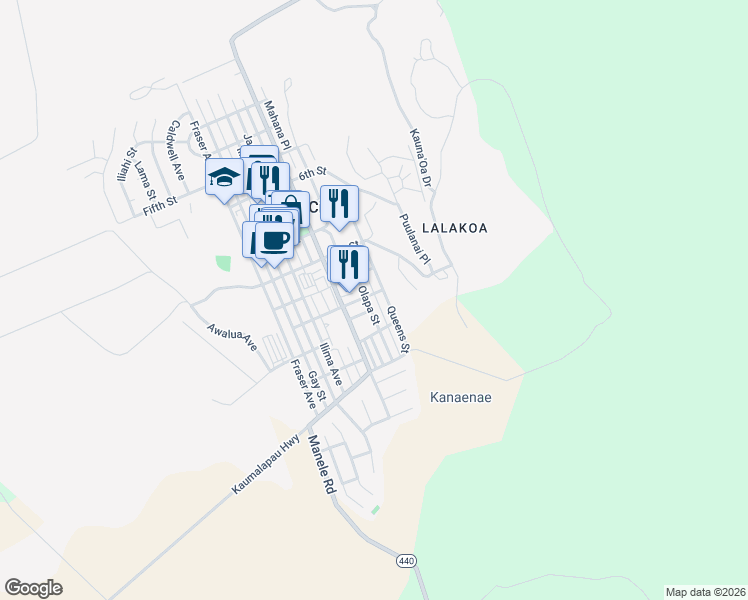 map of restaurants, bars, coffee shops, grocery stores, and more near 1113 Palawai Street in Lanai City