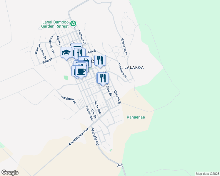 map of restaurants, bars, coffee shops, grocery stores, and more near 1105 Palawai Street in Lanai City