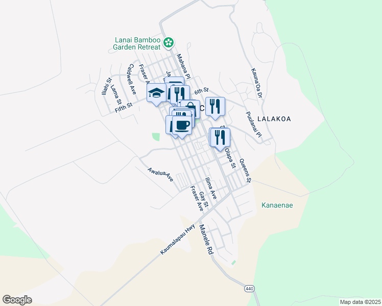 map of restaurants, bars, coffee shops, grocery stores, and more near 925 Houston Street in Lanai City