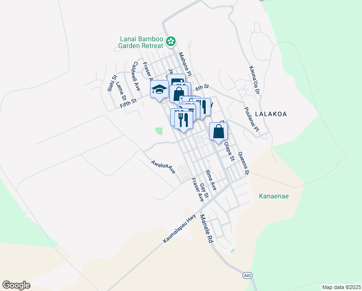 map of restaurants, bars, coffee shops, grocery stores, and more near 925 Houston Street in Lanai City