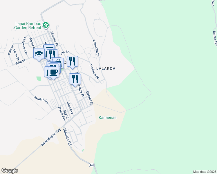 map of restaurants, bars, coffee shops, grocery stores, and more near 210 Kauna'Oa Drive in Lanai City