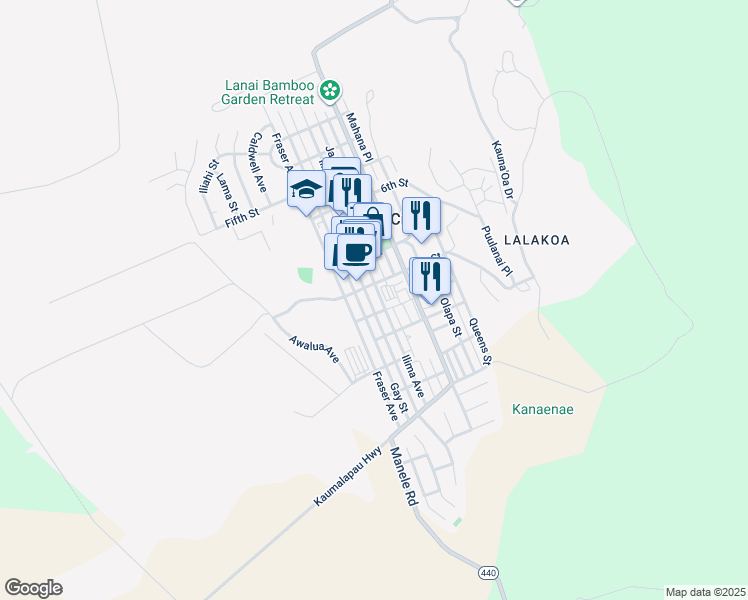map of restaurants, bars, coffee shops, grocery stores, and more near 925 Houston Street in Lanai City
