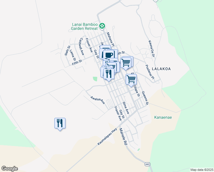 map of restaurants, bars, coffee shops, grocery stores, and more near 911 Fraser Avenue in Lanai City