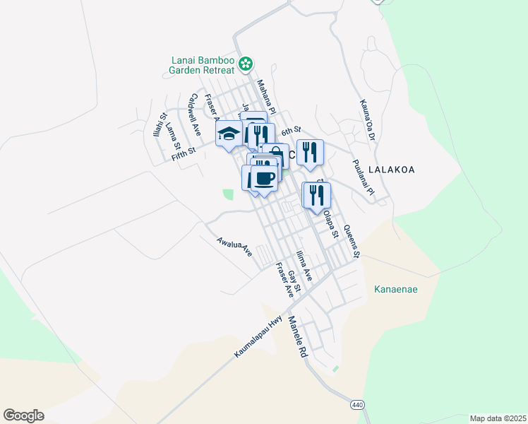 map of restaurants, bars, coffee shops, grocery stores, and more near 925 Houston Street in Lanai City