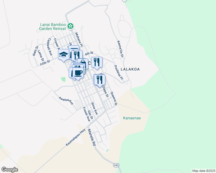 map of restaurants, bars, coffee shops, grocery stores, and more near 1045 Queens Street in Lanai City