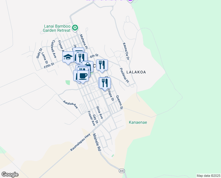 map of restaurants, bars, coffee shops, grocery stores, and more near 1029 Palawai Street in Lanai City