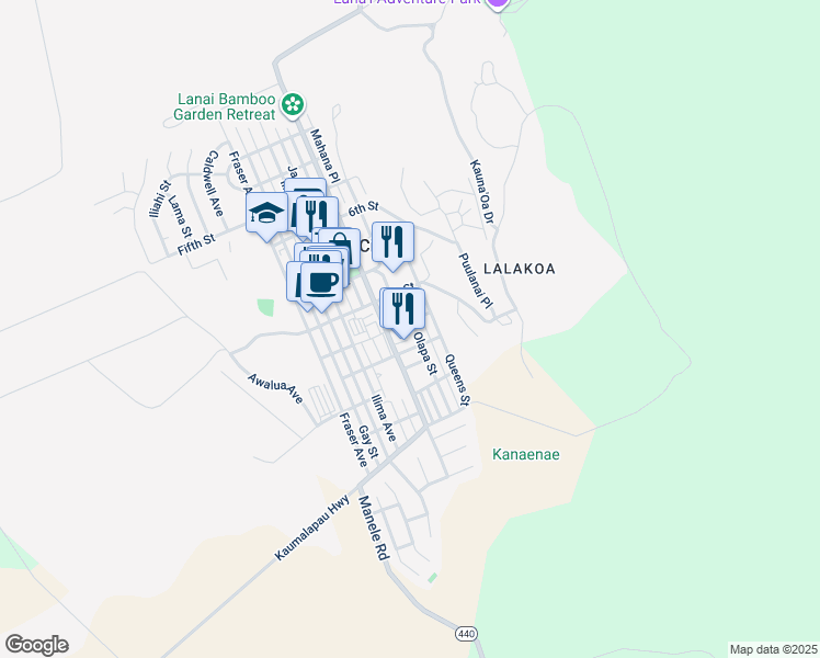 map of restaurants, bars, coffee shops, grocery stores, and more near 1022 Kahana Street in Lanai City