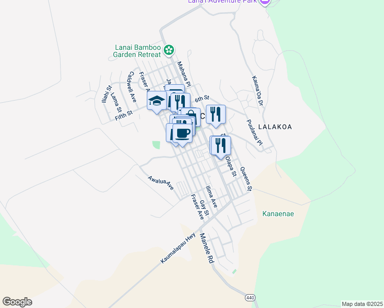 map of restaurants, bars, coffee shops, grocery stores, and more near 925 Houston Street in Lanai City