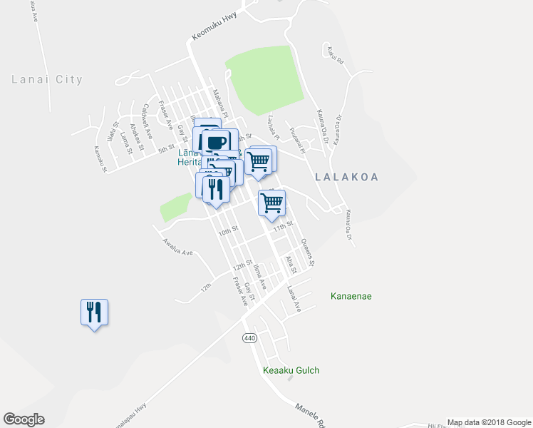 map of restaurants, bars, coffee shops, grocery stores, and more near 1022 Kahana Street in Lanai City