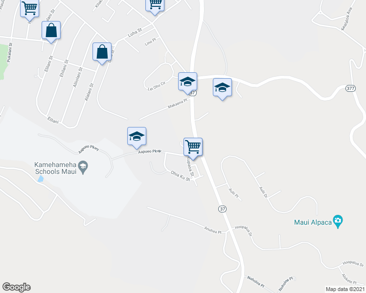 map of restaurants, bars, coffee shops, grocery stores, and more near 21 Aapueo Parkway in Makawao