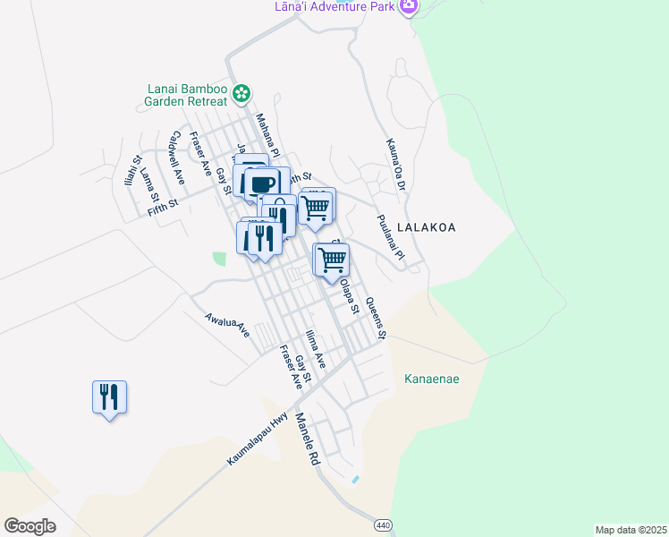 map of restaurants, bars, coffee shops, grocery stores, and more near 954 Naha Street in Lanai City
