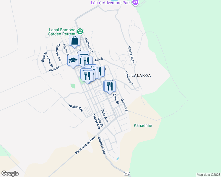 map of restaurants, bars, coffee shops, grocery stores, and more near 954 Naha Street in Lanai City