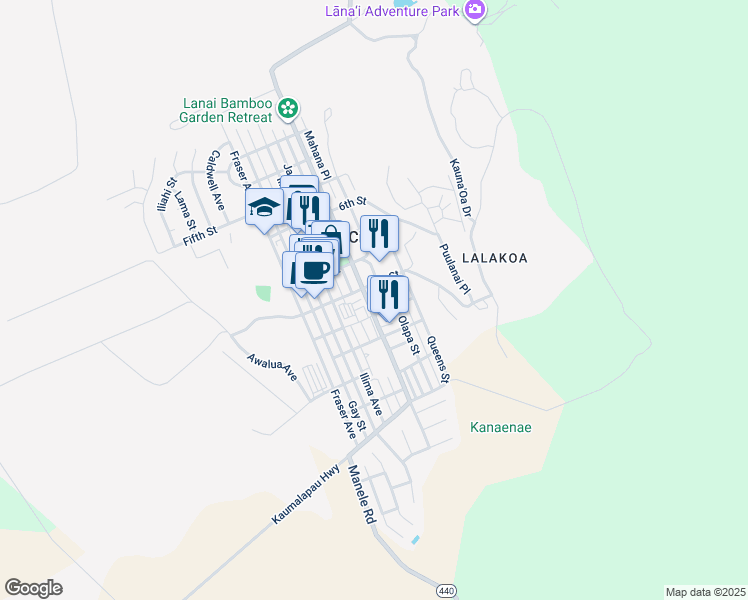map of restaurants, bars, coffee shops, grocery stores, and more near 928 Lanai Avenue in Lanai City