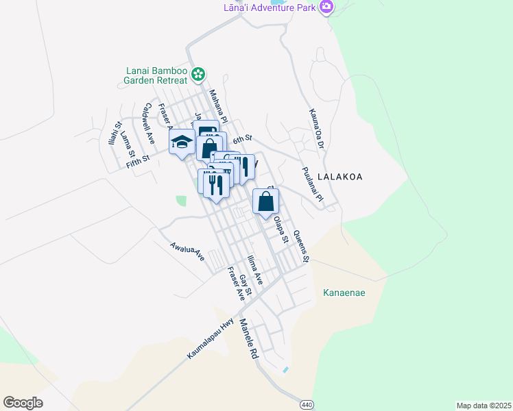 map of restaurants, bars, coffee shops, grocery stores, and more near 928 Lanai Avenue in Lanai City
