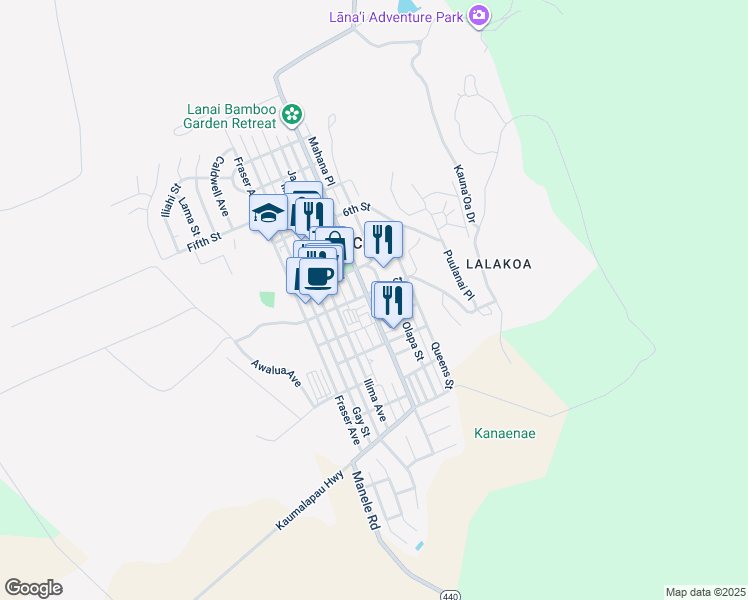 map of restaurants, bars, coffee shops, grocery stores, and more near 912 Lanai Avenue in Lanai City