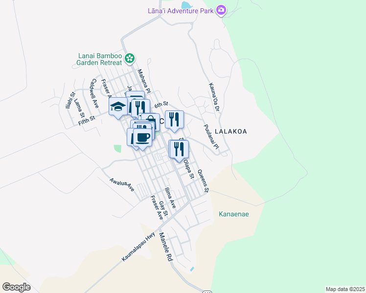 map of restaurants, bars, coffee shops, grocery stores, and more near 927 Palawai Street in Lanai City