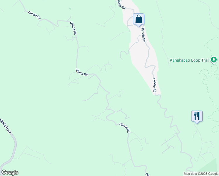 map of restaurants, bars, coffee shops, grocery stores, and more near 1465 Olinda Road in Makawao