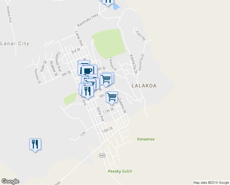 map of restaurants, bars, coffee shops, grocery stores, and more near 908 Queens Street in Lanai City