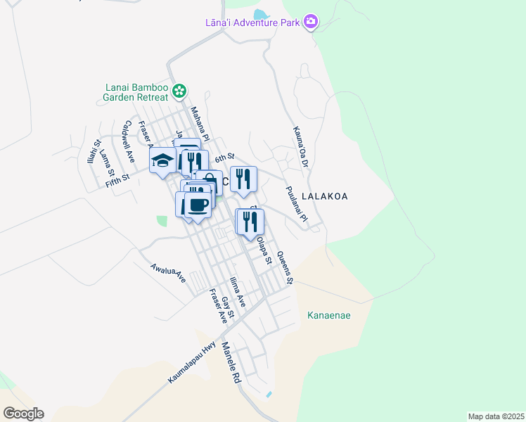 map of restaurants, bars, coffee shops, grocery stores, and more near 927 Palawai Street in Lanai City
