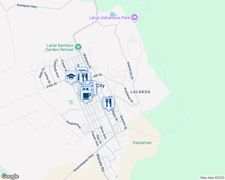 map of restaurants, bars, coffee shops, grocery stores, and more near 758 Queens Street in Lanai City