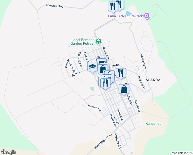 map of restaurants, bars, coffee shops, grocery stores, and more near 329 7th Street in Lanai City