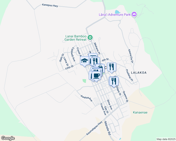 map of restaurants, bars, coffee shops, grocery stores, and more near 329 7th Street in Lanai City
