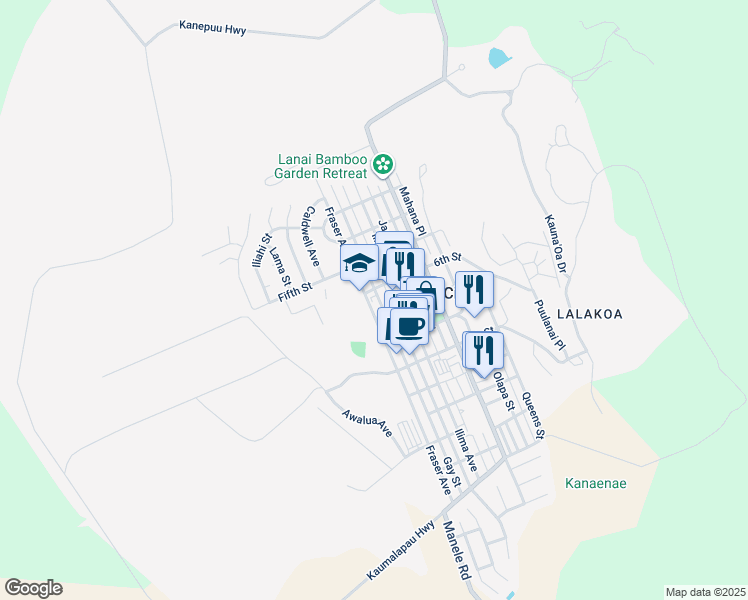 map of restaurants, bars, coffee shops, grocery stores, and more near 329 7th Street in Lanai City