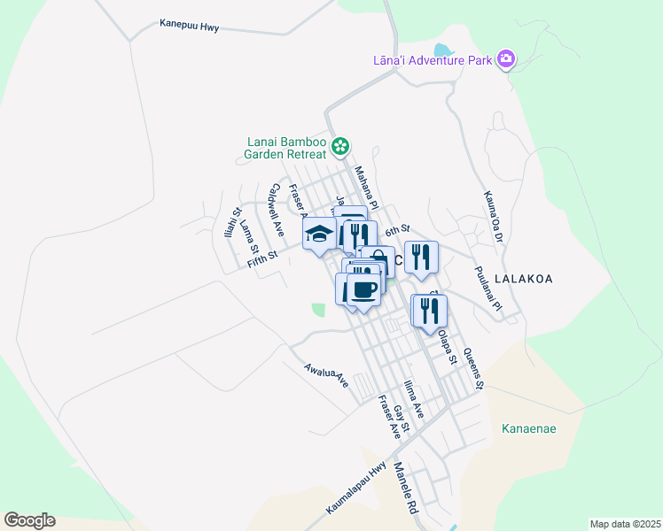map of restaurants, bars, coffee shops, grocery stores, and more near 329 7th Street in Lanai City