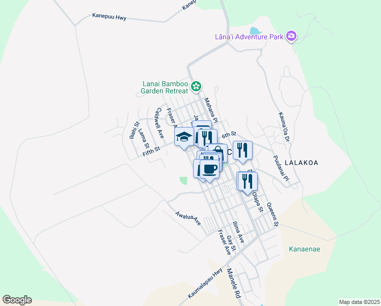 map of restaurants, bars, coffee shops, grocery stores, and more near 329 7th Street in Lanai City