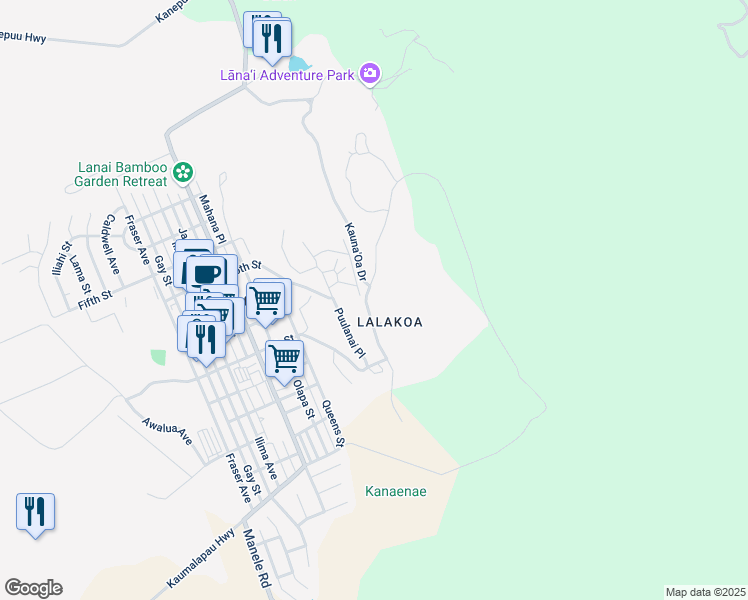 map of restaurants, bars, coffee shops, grocery stores, and more near 340 Kauna'Oa Drive in Lanai City