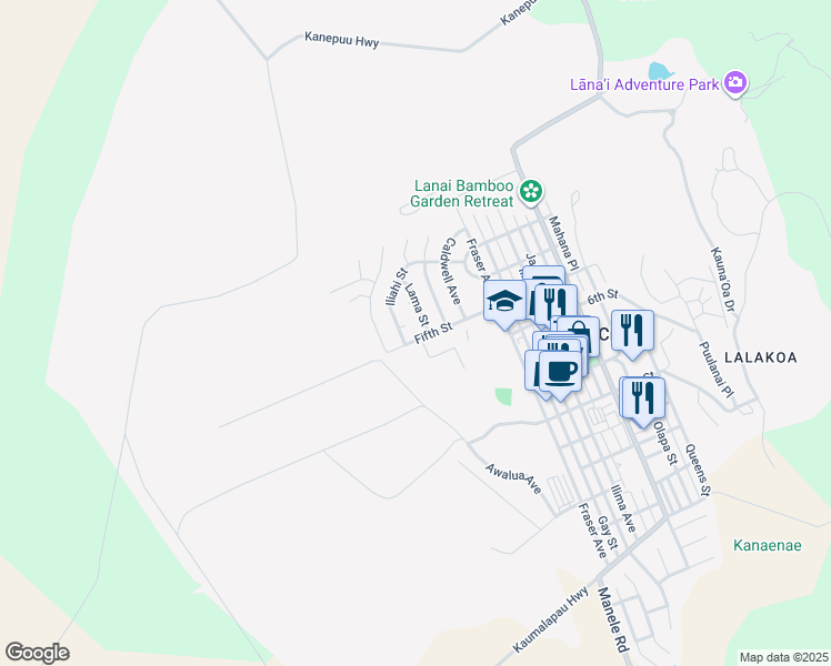 map of restaurants, bars, coffee shops, grocery stores, and more near 135 Fifth Street in Lanai City