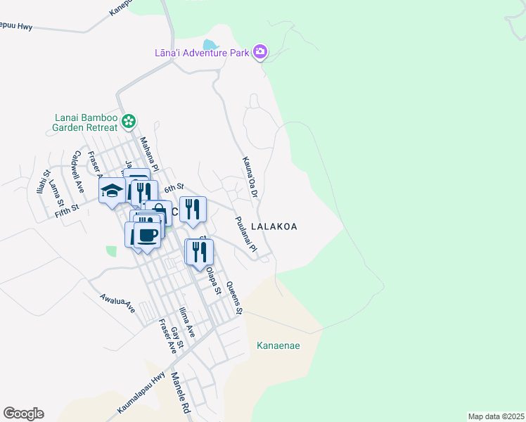 map of restaurants, bars, coffee shops, grocery stores, and more near 340 Kauna'Oa Drive in Lanai City