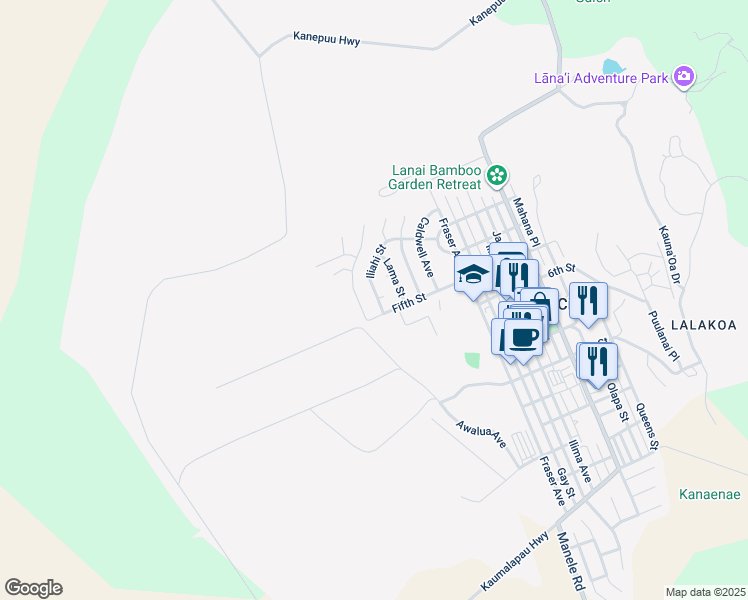 map of restaurants, bars, coffee shops, grocery stores, and more near 470 Iliahi Street in Lanai City