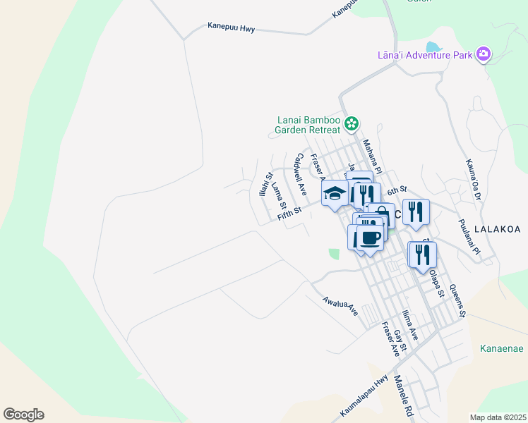 map of restaurants, bars, coffee shops, grocery stores, and more near 470 Iliahi Street in Lanai City