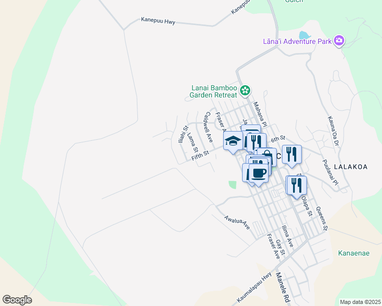 map of restaurants, bars, coffee shops, grocery stores, and more near 135 Fifth Street in Lanai City