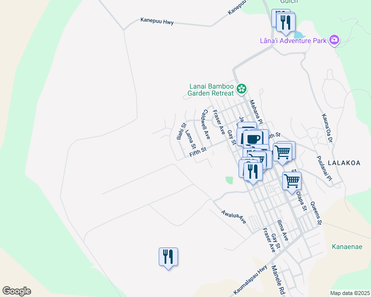 map of restaurants, bars, coffee shops, grocery stores, and more near 220 Naio Place in Lanai City