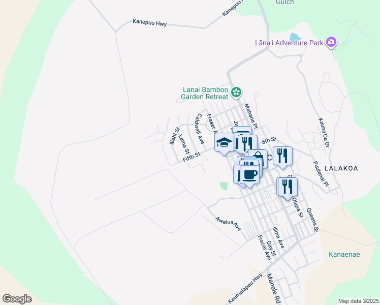 map of restaurants, bars, coffee shops, grocery stores, and more near 395 Lama Street in Lanai City