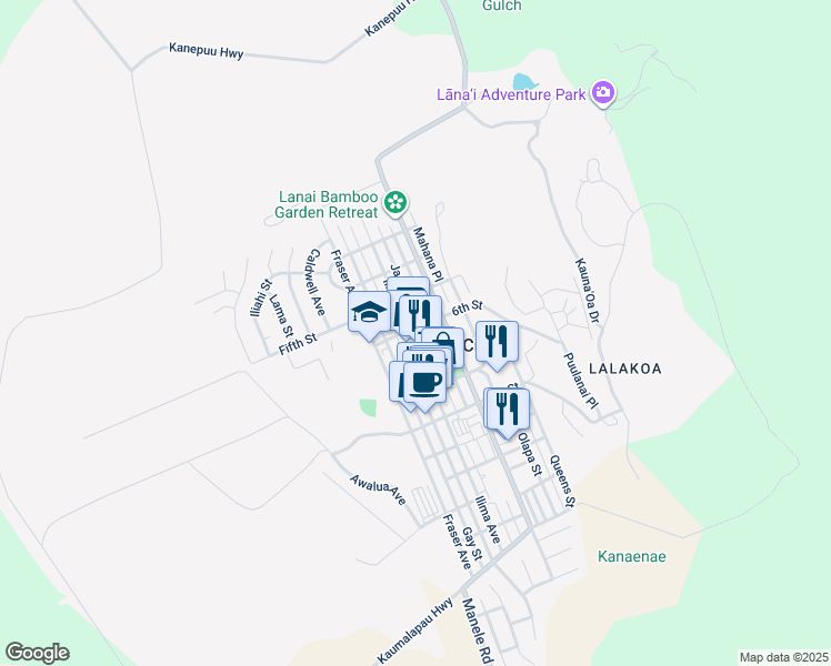 map of restaurants, bars, coffee shops, grocery stores, and more near 604 Ilima Avenue in Lanai City