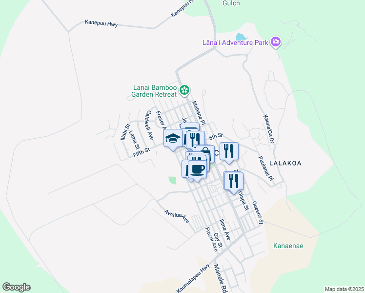 map of restaurants, bars, coffee shops, grocery stores, and more near 519 Ilima Avenue in Lanai City